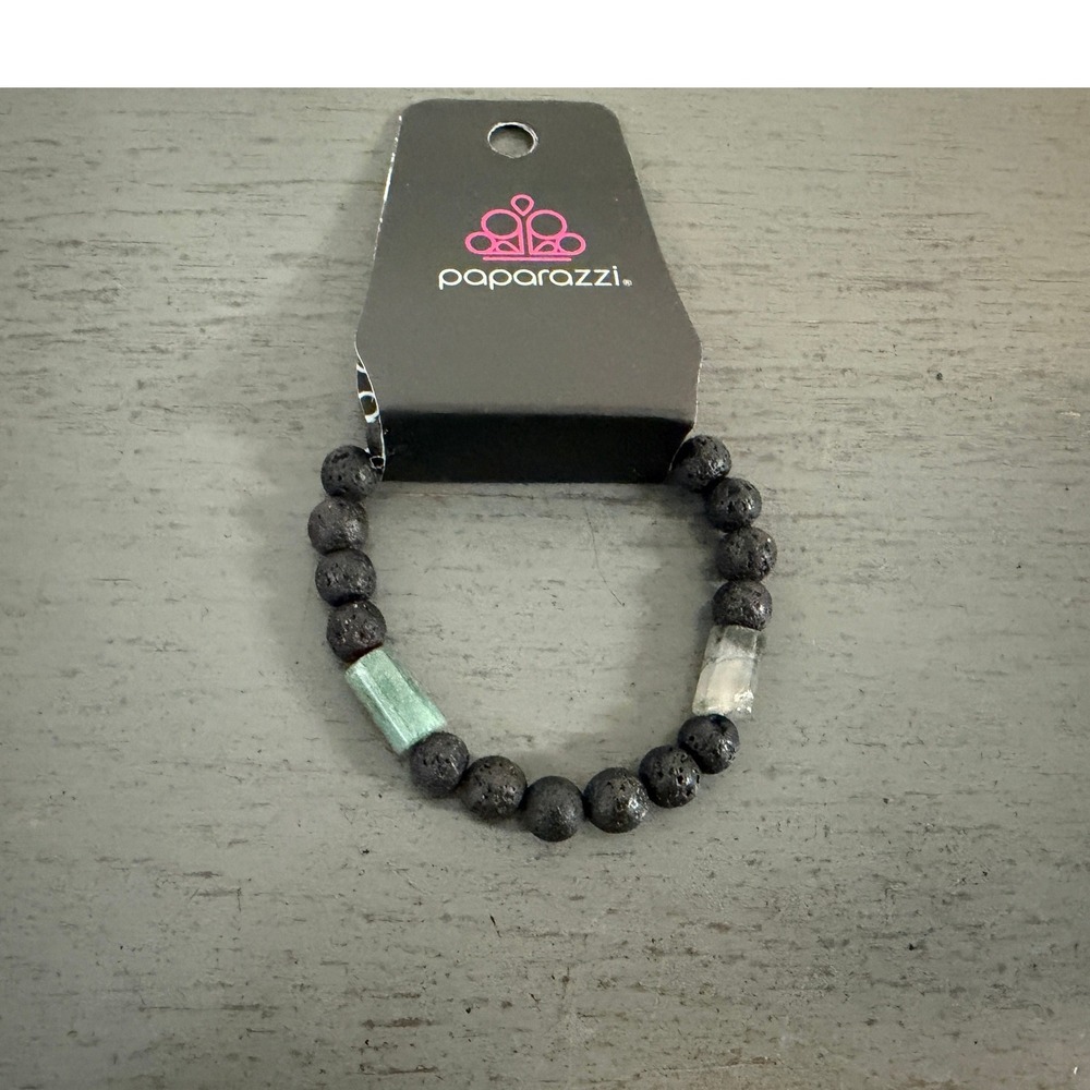Paparazzi Lava Rock Bead Stretch Bracelet Black Green White Stone Accents NEW
